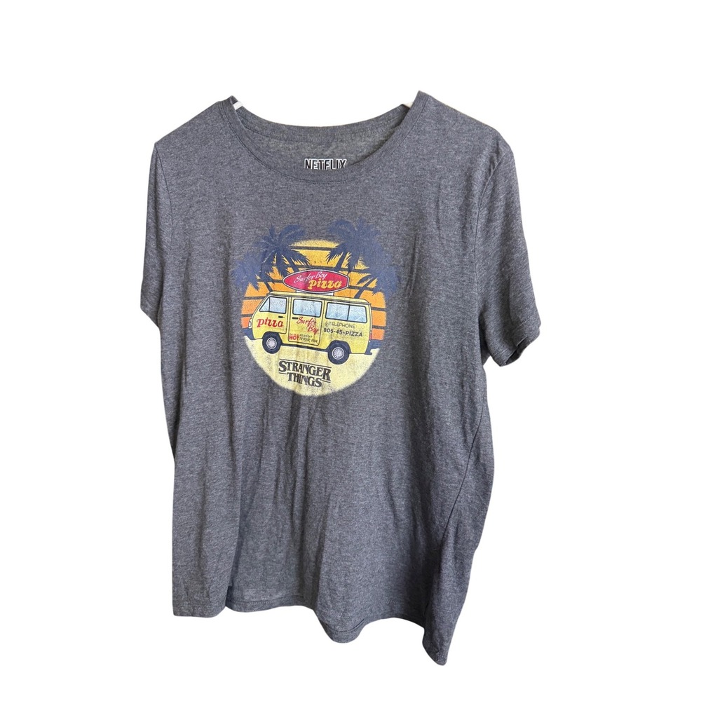 Netflix Stranger Things Surfer Boy Pizza Graphic T-Shirt Gray women's Small
